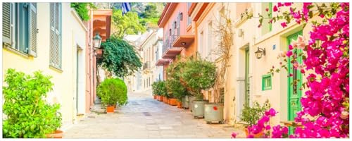 Wallario Küchenrückwand selbstklebend 115 x 50 cm, Motiv: Mediterrane Straße im Blütenrausch | Spritzschutz abwischbar & pflegeleicht
