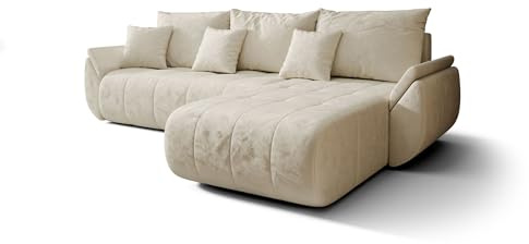 CORNERO Sydney Ecksofa L-Form mit Schlaffunktion und Bettkasten – Couch L-Form fürs Wohnzimmer 3-Sitzer 280 cm x 175 cm x 85 cm (Beige, Ottomane Rechts)