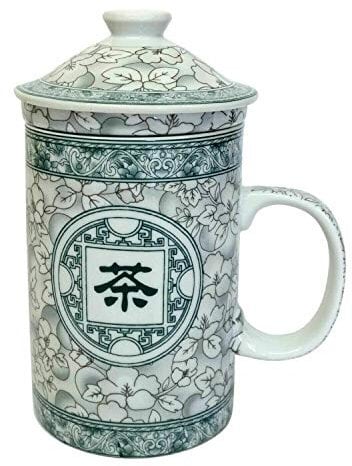 Porcelain Chinese Tea Mug with Infuser and Lid - Jasmine Blossom Pattern