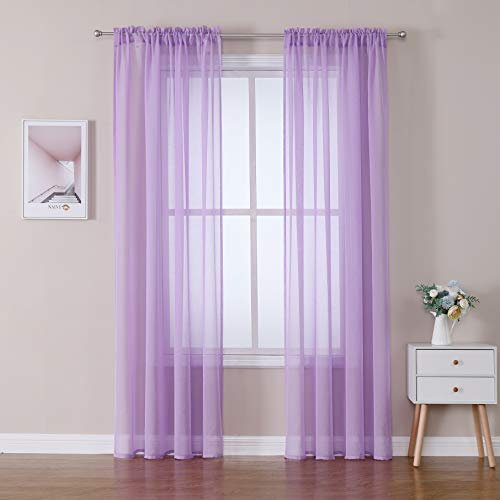 MIULEE 2 Panneaux Rideaux Voilages Tissu Polyester Doux Semi-Transparent Couleur Pure Voilage de Fenêtre Lisse Élégant Chaleureux pour Chambre Salon Tige de Poche 140x175cm Violet Clair