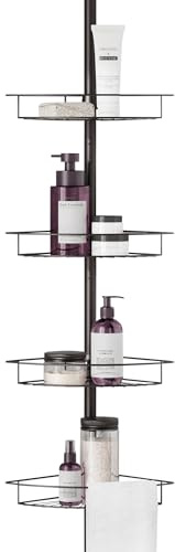 Zenna Home Rust-Resistant Corner Shower Caddy for Bathroom, 4 Adjustable Shelves and Towel Bar, with Tension Pole, for Bath and Shower Storage, 60-97 Inch, Bronze