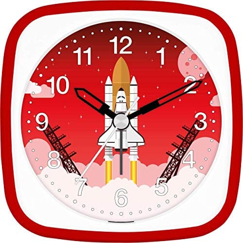 Eurotime Wecker Jungen Rakete Space Shuttle, Kinderwecker, Rot, Kunststoffgehäuse und Kunststoffglas, geräuscharmer Wecker, ohne Ticken, mit Licht und Weckwiederholung, 27133-01
