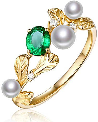 Beydodo Eheringe Gold 750 Blatt mit Perle Oval Smaragd 0.4ct Hochzeit Ringe Frauen Verlobungsring Diamant Gr.50 (15.9)