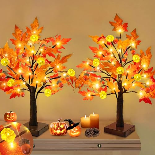 TURNMEON Fall Decor 2 Pack 18 Inch Prelit Fall Maple Tree 48 LEDs Timer