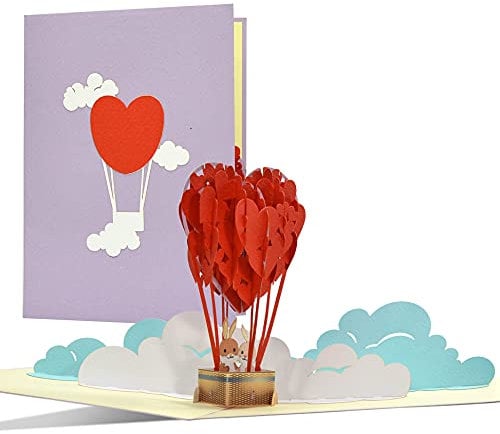Glückwunschkarte Liebe, Karte zum Valentinstag, Geburtstagskarte mit Pop Up Herz - Ballon und Hasen Pärchen | Hochzeitstag, Jahrestag Geschenk für Ihn oder für Sie, L22