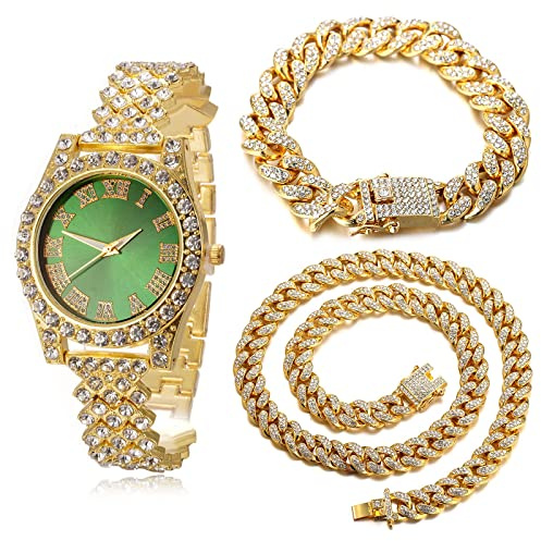 Halukakah Diamanten Gold Uhr,Damen 18K Echtes Gold/Platinplattiert Weißgold 36MM Breite Grün/Blau/Rot Zifferblatt Quarz Armband 20cm mit Kubanischer Kette Halskette Armband,Kostenlose Geschenkbox