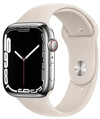 Apple Watch Series 7 (GPS + Cellular, 45mm) Smartwatch con cassa in acciaio inossidabile color argento con Cinturino Sport color galassia - Regular Fitness tracker,app Livelli O₂, resistente all’acqua