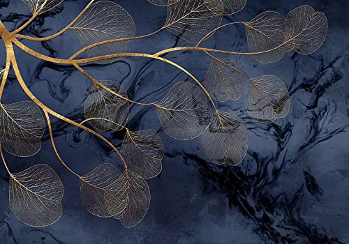 Papier Peint Panoramique 3D Or Feuilles Bleu mur d'accent 350x245cm | Botanique feuillage Zen Paysages naturels Asiatique Classique Rétro Geometrique