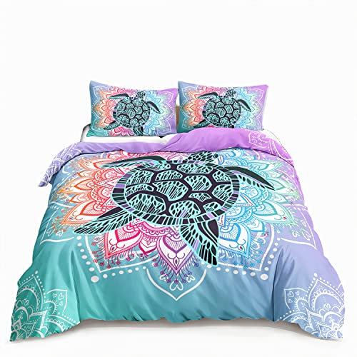 HOSIMA Meeresschildkröten-Bettwäsche, Küstenstrand-Themen-Bettwäsche, Queen-Size-Größe für Kinder, Teenager, Mädchen, Jungen, Zimmerdekoration, Mandala-Schildkröte, Bettbezug mit 2 Kissenbezügen.