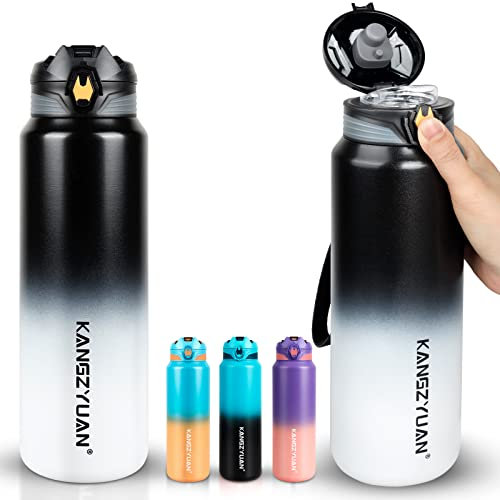 Enlightcode Isolierte Wasserflasche, 900 ml, Vakuum, auslaufsicher, BPA-frei, hält kalt und heiß, Thermosflasche für Kinder, Schule, Fitnessstudio, Wandern, Camping, Reisen, Metall, Schwarz/Weiß