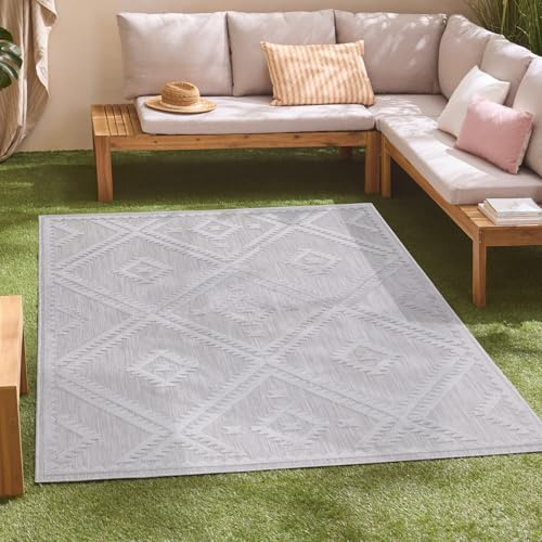 carpet city In-& Outdoor Teppich - 160x230 cm - für Innen-& Außenbereich - Wetterfest Balkon-Teppich, Terrasse, Flur, Küche - Wohnzimmer-Teppiche - Hochtief/ 3D-Effekt - Rauten-Muster in Grau
