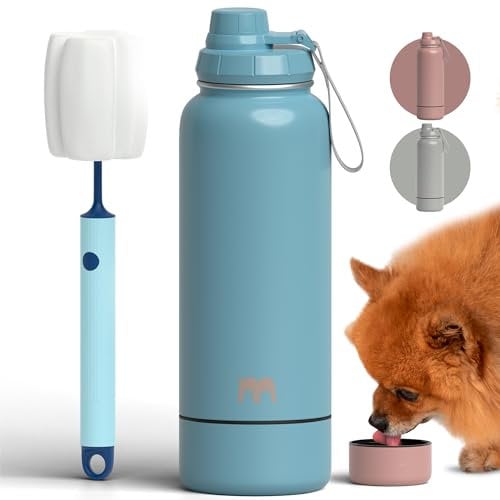 Miracle Pets Bouteille d'eau portable pour chien avec bol attaché, 950 ml, isothermes en acier inoxydable pour sport, randonnée, poignée facile, accessoires de voyage pour chien, gamelle portable pour