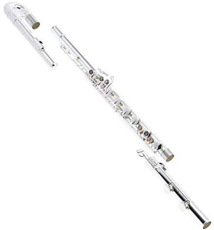 Professionelles Querflöten Bassflöte Mit Versilbertem, Gebogenem Kopfstück, Versilberter Korpus Und Fußstück, Versilberte Klappen Und Haltestange