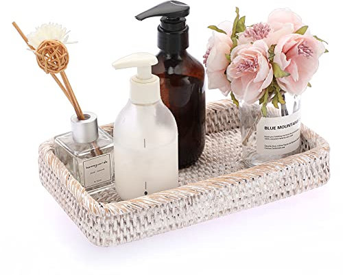 IGNPION Rattan Serving Tray Decorative Display Tray Table Storage Tray Toilet Tank Paper Tray Desktop Organiser Tray for Kitchen, Makeup, Vanity, Napkin, Candle, Ornament (25cm Whitewash)