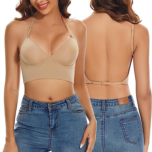 seagallery Low Back Bras for Women Push Up Deep V Neck Plunge Backless Bra Multiway Strap Convertible Bra Wire Lifting Bra Nude