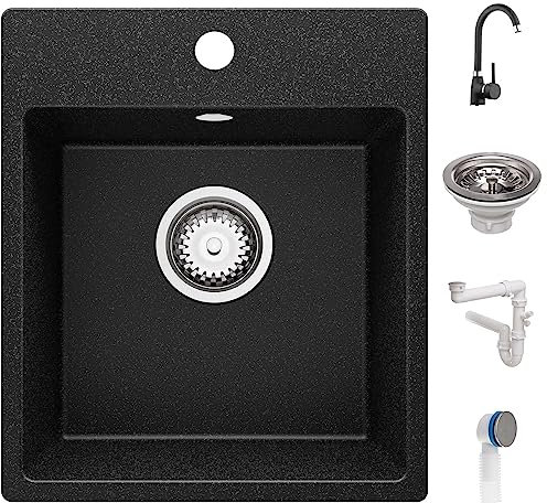 Fregadero Granito Grafito 38x44cm, Fregadero Cocina 1 Seno + Sifón + Grifo, Fregadero sobre encimera al mueble 40cm - Riga Easy de Primagran