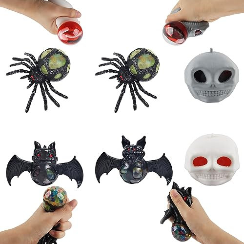 Spinne Antistressball Set, ACTOYS 6pcs Skull Stressball, Fledermaus Stressbälle Halloween, Totenkopf Stressball Squeeze Toy, Skelett Fidget Toys Ball, Halloween Dekompressionsspielzeug Tierspielzeug