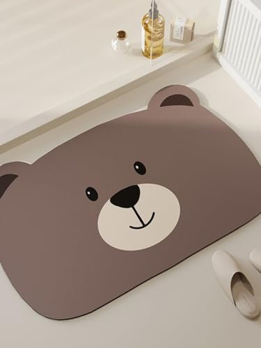LNGFSH Badematte Rutschfester Kieselgur, Kinder Braunbär Badezimmerteppich absorbierender Badteppich schnelltrocknende, Badvorleger Saugfähig Saugstark Waschbar Braun Grau (40x60cm)
