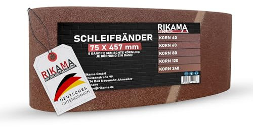 RIKAMA® 5 Sanding Belts 75 x 457 mm in Mix, 1 Belt Grit 40, 60, 80, 120 and 240, Fabric Sanding Belts for Belt Sanders, for Hobby and Professional Workshops (5, 75 x 457 mm)