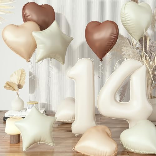 Luftballons 14 Creme, XXL Nude Cremeweiß 14. Geburtstag Ballon Deko, Beige Zahlen 14 Stern Folienballon Neutraler Aprikose Kaffee Braun Herz Luftballons für Mädchen Valentinstag Party Dekoration