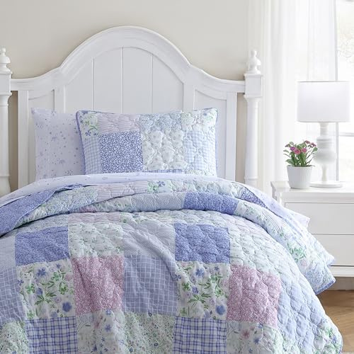 Laura Ashley Kids - Twin Quilt Set, Reversible Brushed Microfiber Bedding with Matching Pillowcase, Medium Weight Kids Quilt, Patchwork Floral Design (Parker Patchwork)