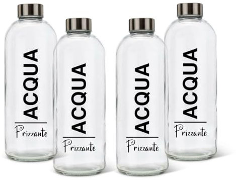 BrandPrint Bottiglia in Vetro Modello Eos da 1Lt, con Tappo a Vite. Set da 4 bottiglie. Tappi, colore ARGENTO Inclusi. 4 unità serigrafate con dicitura: Frizzante