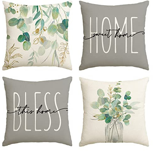 Artoid Mode Eukalyptus Blätter Sommer Kissenbezüge 4er Set, 40x40 cm Saisonnal Home Sweet Home Zierkissenbezug Cushion Cover Couch Wohnzimmer Deko