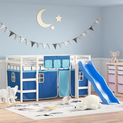 Gecheer Struttura,Letto,a Soppalco,Castello,per Bambini,in Legno di Pino,con Scivolo e Tende,Bianco e Blu,90x200 cm,Letto per Bambini,Letto a Soppalco in Legno,per Cameretta,Letto con Scivolo