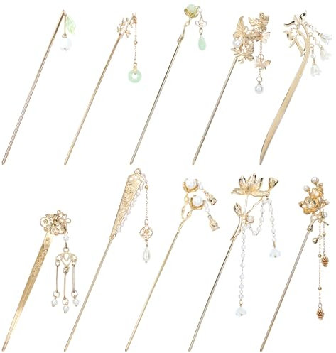 Yoosit 10 Pack Retro Gold Metal Long Hair Sticks Pins with Pearl Jade Dangles Tassels Pendants Chinese Hanfu Asian Flower Butterfly Hair Chopsticks Hair Picks Bun Forks Holders Hairpins for Women Girl