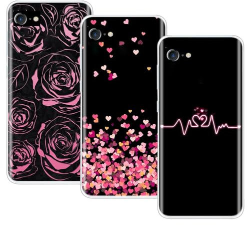 EuoDuo 3 Pack Phone Cases for iPhone 6 / iPhone 6S Silicone Case Pink Black Floral Heart Pattern Shockproof TPU Ultra Slim Protector Bumper Cover