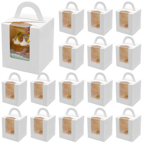 Bakiauli 25 Stück Geschenkboxen Kuchen Kästen mit Sichtfenster, Cupcake Box Muffin Geschenk-Box für Hochzeit Geburtstag Party (Weiß)
