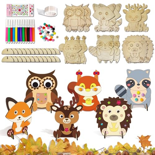 BARVERE Herbst Dekoration Holz, 12 Stück 3D Bastelset Kinder, Herbstdeko Draußen mit Aufkleber, Holz Basteln Kinder
