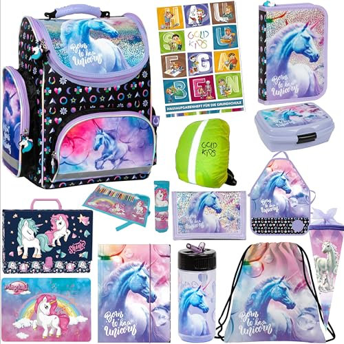 Goldkids - Schulranzen für Jungen und Mädchen, 14er-Set - Schul-Rucksack für Kinder mit Federmäppchen - Schuhbeutel Malunterlage Sammelmappe und Hausaufgabenheft - Einhorn Motiv - 1-3 Klasse