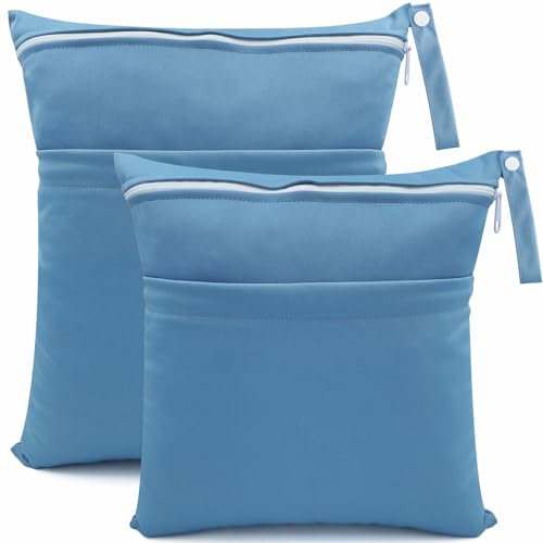 CHEESANHERR Bolsa de Pañales Impermeable,2 Pcs Wetbags de Tela con 2 Cremallera Portátil, Bolsa Muda Bebe, Organizador Reutilizable Lavable Guardería Colegio Viaje Playa Piscina Gym (Azul)