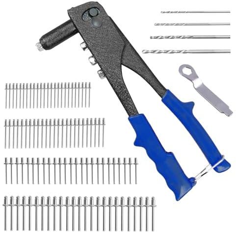 Set versatile di pinze per rivetti a mano e pinza per rivetti ciechi, pinza per rivetti pop, 100 rivetti in 4 misure, robusto strumento per rivetti per metallo, plastica e pelle, rivettatrice per