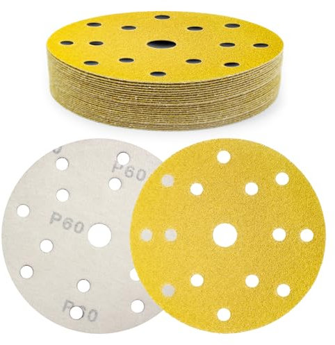 SenmaiTools 150mm Disque Abrasif 15 Trous Grain 60 Crochet et Boucle Disques de Ponçage 30 Pièces pour Ponceuses Orbitales Rondes et Aléatoires - pour le Bois le Métal et la Peinture