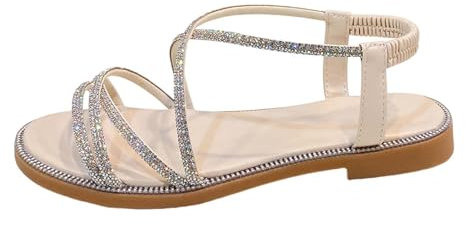 Generisch Plateau Pantoletten Damen Schlappen Kinder Damen-Römersandalen mit Strasssteinen, Ethno-Stil, offene Zehen, flache Damenschuhe Schuhe Damen Elegant Hohe Schuhe Damen Flip Flops (Beige, 41)