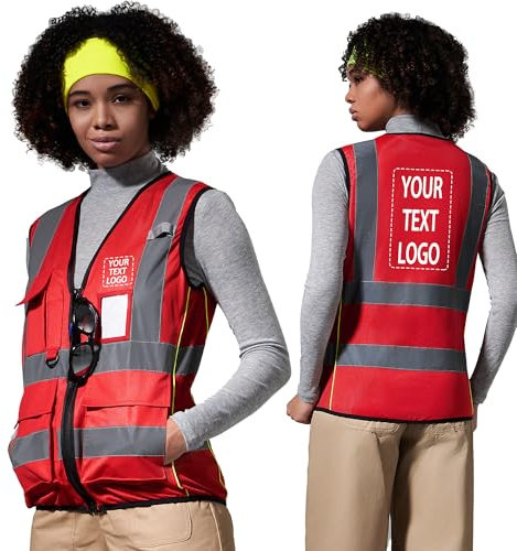 AYKRM Damen Warnweste Fahrrad Sicherheitsweste Reflektorweste mit Personalisierungsoption in 21 Farben, Mehrere Taschen und mehrfarbigem Logo. Rot, M