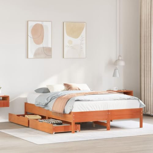 vidaXL Solid Wood Pine Bed Frame 160x200 cm with Storage Drawers - Wax Brown, Slatted Base