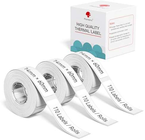 3 Rollen Phomemo D30 Etiketten, 14mm*60mm Selbstklebendes Thermo Phomemo D30 Etikettenband, Kompatibel mit D30 D35 Q30 Q30S Q31 Etikettendrucker, 110 Etiketten/Rolle, 3 Rollen, Weiß