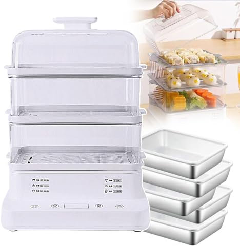 forplubossmmp Calentador De Alimentos Eléctrico, Olla A Vapor Antiadherente con Pantalla De Visualización, 6 Modos De Cocción Preestablecidos, Vaporera Eléctrica Apilable De 22L (con 5 Cajas)
