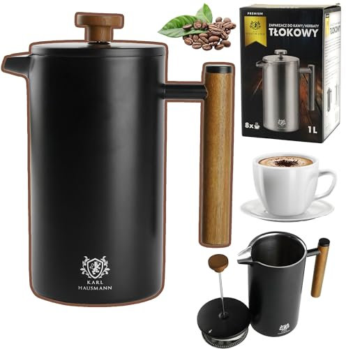 KARL HAUSMANN Thermo French Press - 1 Liter / 8 Tassen - Kaffeebereiter aus Edelstahl - Doppelwandig - Hält lange Warm - Kaffeezubereiter mit Cool-Touch Griffen - Kaffeepresse - Schwarz
