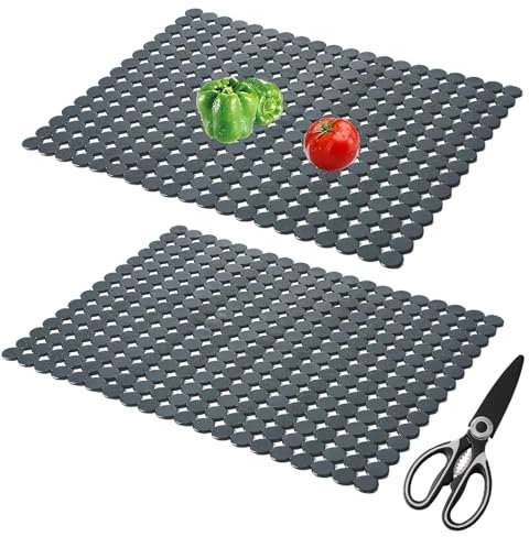 FEADBYT Spülbeckeneinlage, 2 Stück Spülbeckenmatte, 30 x 40 cm Spülmatte, PET Zuschneidbar Spülbeckeneinlage, Abtropfmatte, Blanco Spüle Zubehör, Mit Schere, Für Keramik/Edelstahl Spülen (Grau)