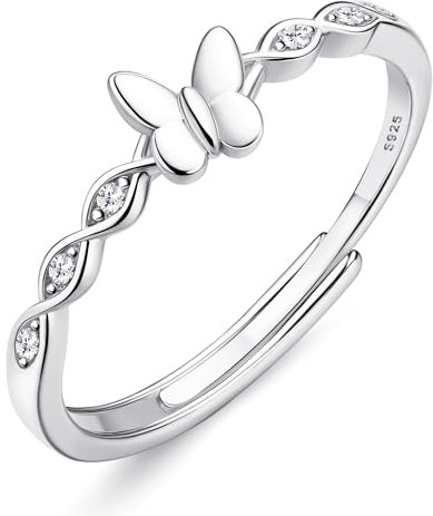 JeweBella Ring Silber 925 Damen Zierlicher Schmetterling Ring Minimalist Verstellbar Ringe Frauen Silber/Gold/Roségold