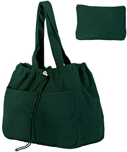 Gluckstar Shopper Tasche Damen,Groß Tote Bag, Cord Tasche Damen Schultertasche, Beuteltasche Uni Cordtasche, Stoff Tasche Cord Tragetasche, Große Handtasche für Schule und Alltag (Dunkelgrün)