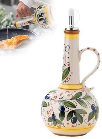 Cikiki Ceramic Olive Oil Dispenser Bottle, 18OZ Hand Painted Olive Oil Bottles, Decorative Italian Ceramic Olive Oil Dispenser for Kitchen with Stainless Steel Spout for Oils, Sauces, Vinegar
