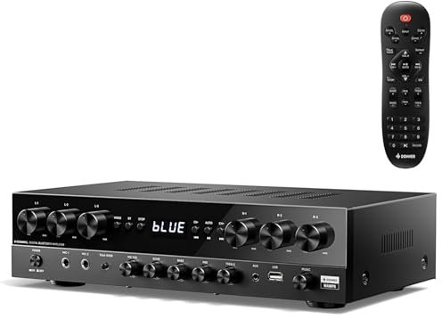 Donner Amplificatore, Amplificatore Hifi a 6 canali con potenza massima di 1000 W con Bluetooth 5.3, USB, FM, 2 ingressi microfono, eco, RCA, ingresso fibra/coassiale per casa, karaoke, MAMP6