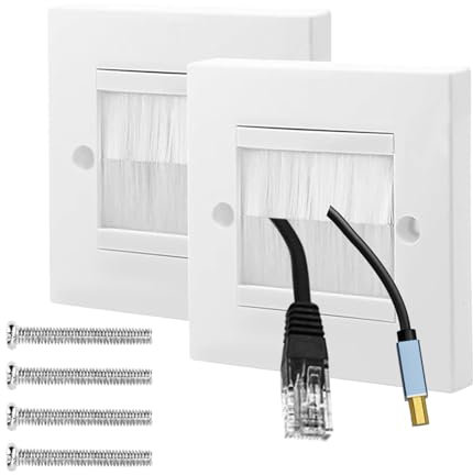 HELION 2 Pack Cable Entry Cover, Brush Wall Plate Wall Cable Cover Cables Passthrough WallOutlet, White Wallplate with White Brushes for Covering Outlets, Receptacles and Tidying Cords
