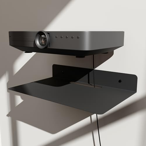 PzewMo Floating Metal Wall Mount Shelf,Shelf for Projector,TV Cable Box,Router,Speaker,Sound Bar,Camera,Gaming,Decor Display (Black, 12.6 x 7.9)