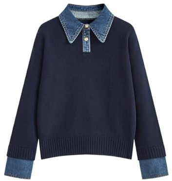 BQDCQB Womens Fall Oversized Long Sleeve Sweaters 2 in 1 Denim Panel Lapel Sweater Polo Knit Sweater Tops